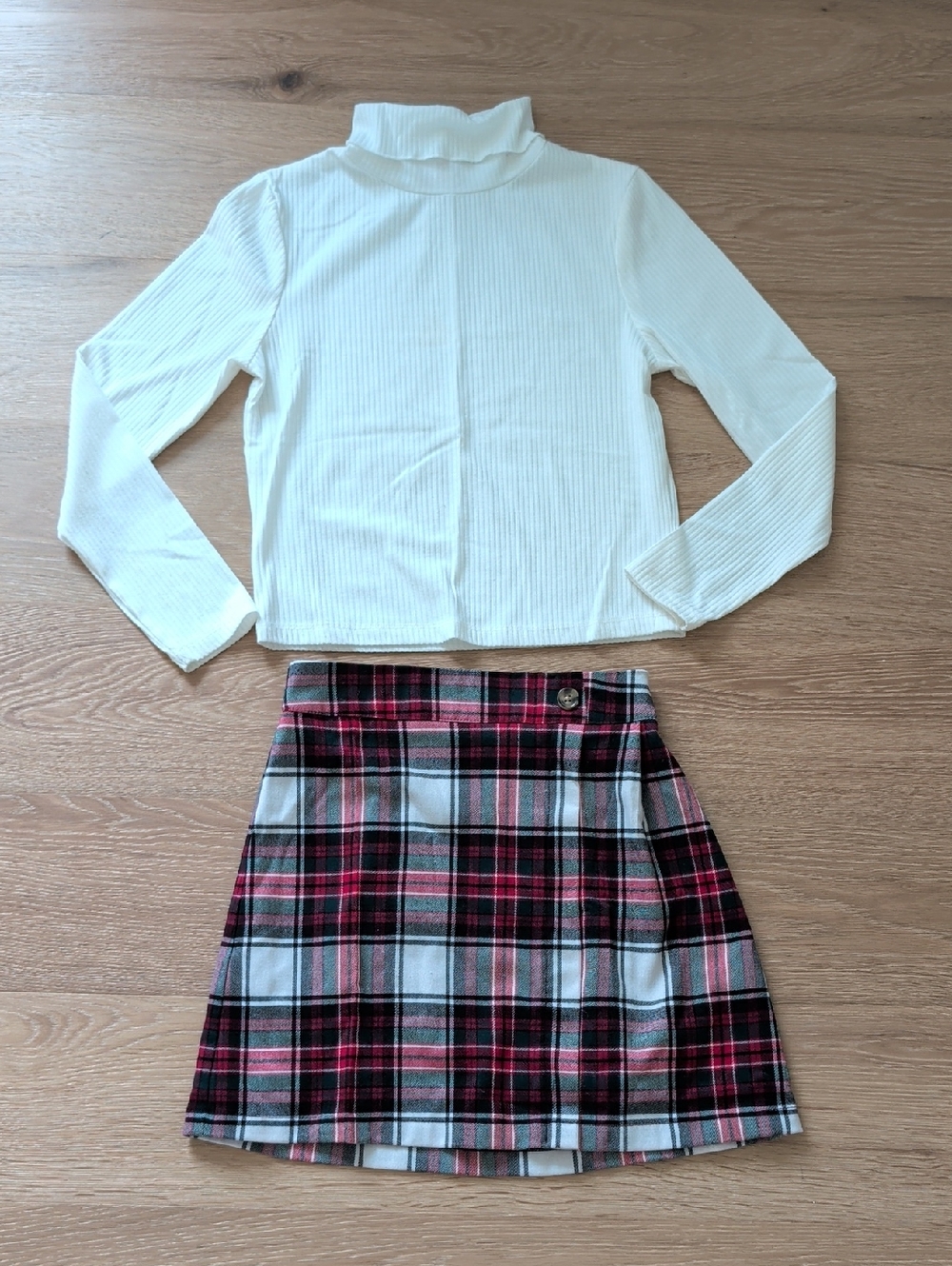 Copper Key Red and Black Plaid Mini Skirt W/ GB Girls Ivory Ribbed Turtleneck